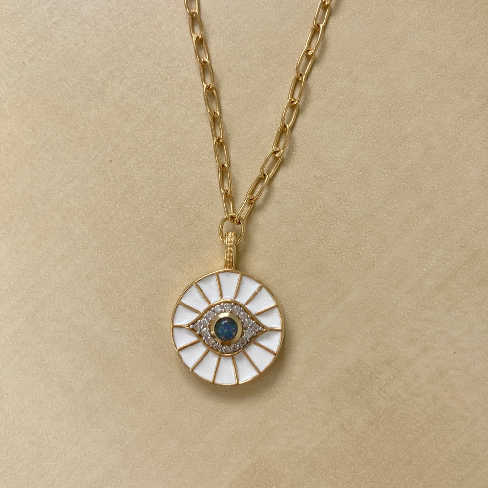 Australian Opal Triplet Evil Eye paper clip necklace in Yellow Gold Brand New